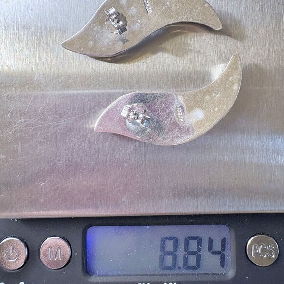 Two Tone Sterling Silver 925 Modernist Wave Design Dangle Earrings 1.75" Length - Picture 7 of 8